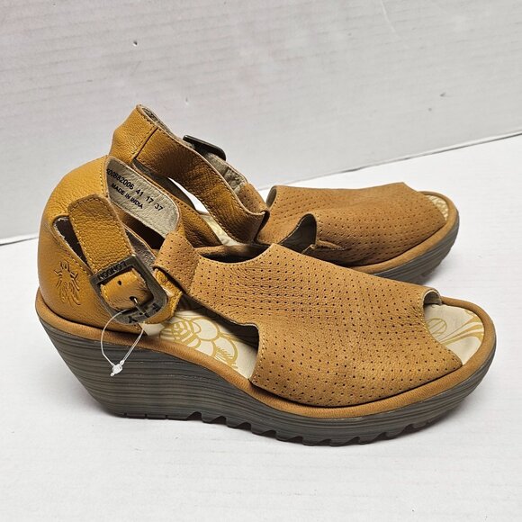 FLY London Platform Wedge Brown Suede Leather Ankle Strap Sandals 50088206 37 - Picture 1 of 16